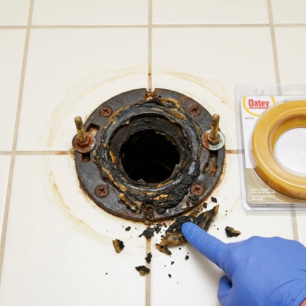 Failed wax ring showing water seepage at the base of a toilet in a Blytheville, AR home