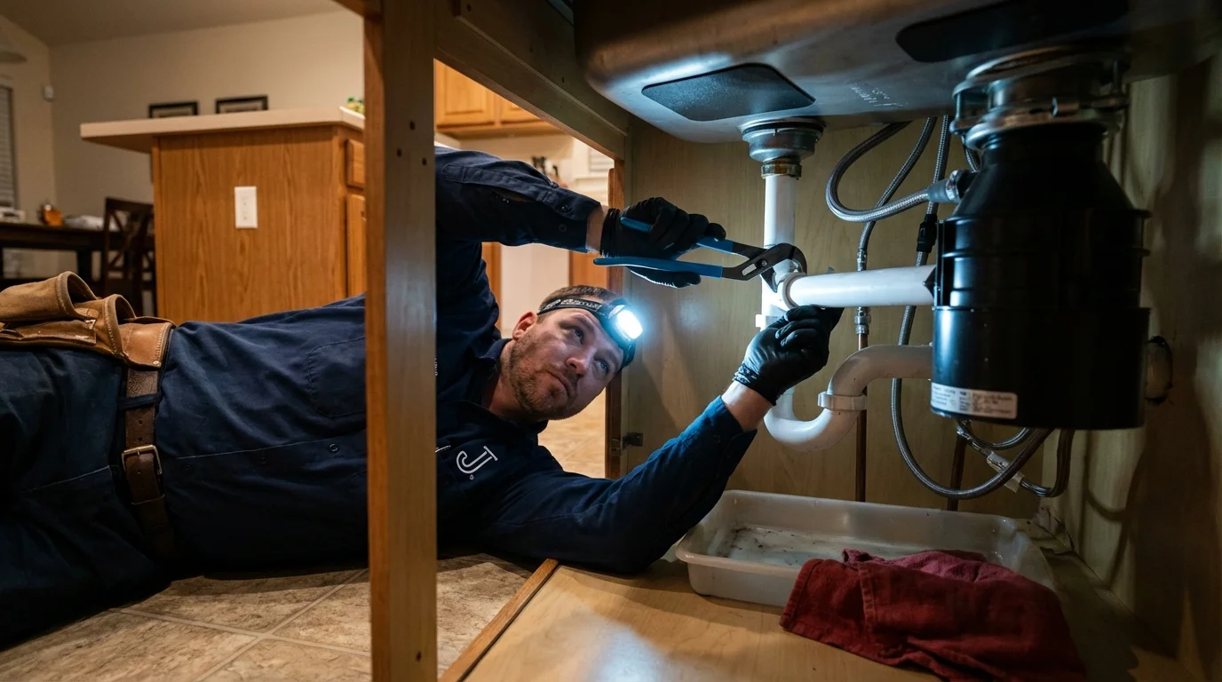 P-trap and supply line connections under a kitchen sink showing a common leak point in Blytheville, AR